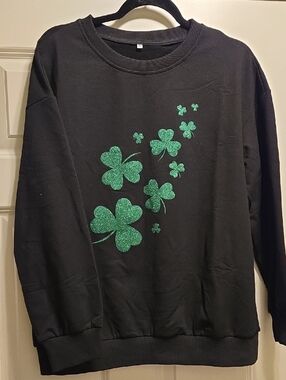New No Tags. Black Crewneck Sweatshirt with Green Glitter Shamrocks